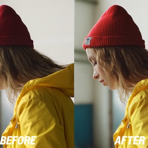 May include: A side profile of a person wearing a red knit beanie and a yellow hooded jacket. The image has the words "BEFORE" and "AFTER" in white text at the bottom.