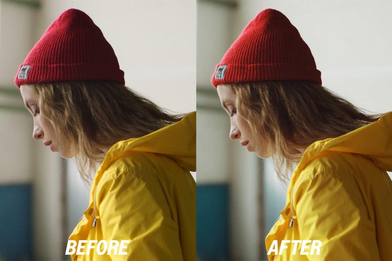 May include: A side profile of a person wearing a red knit beanie and a yellow hooded jacket. The image has the words "BEFORE" and "AFTER" in white text at the bottom.