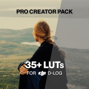 Puede incluir: Un gráfico de producto digital titulado PRO CREATOR PACK con el texto 35+ LUTs FOR DJI D-LOG. La imagen muestra un efecto de tono dividido sobre una vista paisajística de una persona con cabello trenzado mirando hacia un valle y un lago.