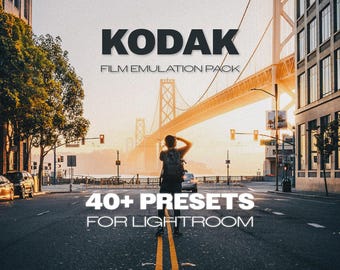 May include: A digital product advertisement featuring the text KODAK FILM EMULATION PACK and 40+ PRESETS FOR LIGHTROOM. The background shows a person with a backpack standing on a city street facing a large suspension bridge at sunset.