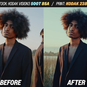 May include: Split image showing a person in a black blazer with an afro. The left side is labeled "BEFORE" and the right side is labeled "AFTER". The background is a field with a sunset.