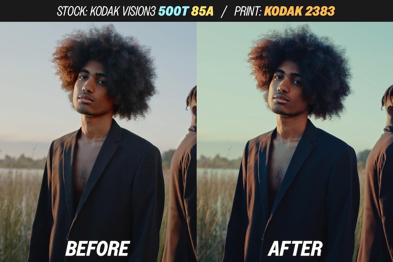 May include: Split image showing a person in a black blazer with an afro. The left side is labeled "BEFORE" and the right side is labeled "AFTER". The background is a field with a sunset.