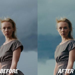 May include: A split image showing a woman before and after photo editing. She has blonde hair and wears a grey top and skirt. The text "BEFORE" and "AFTER" is displayed at the bottom of the image.