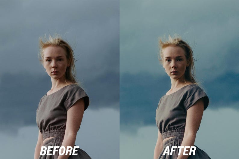May include: A split image showing a woman before and after photo editing. She has blonde hair and wears a grey top and skirt. The text "BEFORE" and "AFTER" is displayed at the bottom of the image.