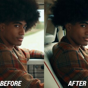 Puede incluir: Imagen del antes y el despu&eacute;s de una persona en un coche. La persona lleva una chaqueta a cuadros marr&oacute;n. El texto "BEFORE" est&aacute; en la parte inferior izquierda y "AFTER" en la parte inferior derecha.