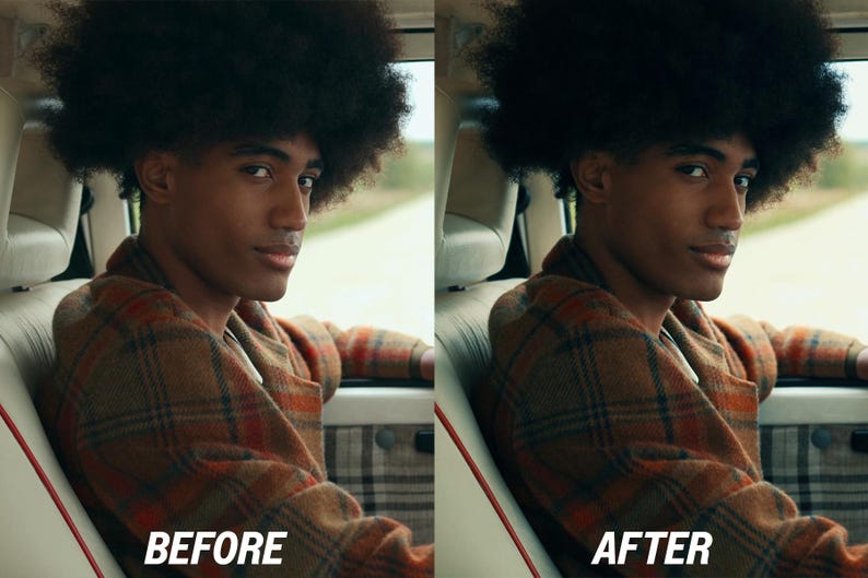 Puede incluir: Imagen del antes y el despu&eacute;s de una persona en un coche. La persona lleva una chaqueta a cuadros marr&oacute;n. El texto "BEFORE" est&aacute; en la parte inferior izquierda y "AFTER" en la parte inferior derecha.