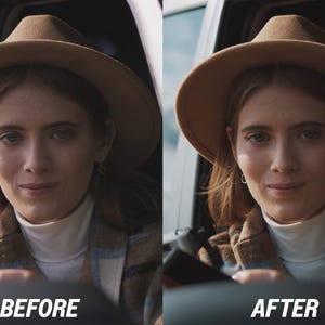 Puede incluir: Una mujer con un sombrero fedora color canela y una chaqueta a cuadros. La imagen est&aacute; dividida, con el texto "ANTES" a la izquierda y el texto "DESPU&Eacute;S" a la derecha, mostrando una comparaci&oacute;n de edici&oacute;n de fotos antes y despu&eacute;s.