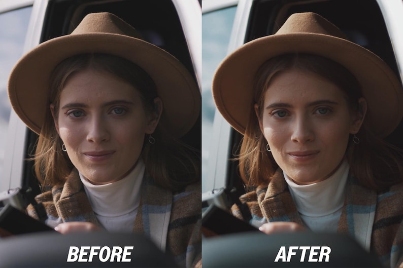 Puede incluir: Una mujer con un sombrero fedora color canela y una chaqueta a cuadros. La imagen est&aacute; dividida, con el texto "ANTES" a la izquierda y el texto "DESPU&Eacute;S" a la derecha, mostrando una comparaci&oacute;n de edici&oacute;n de fotos antes y despu&eacute;s.