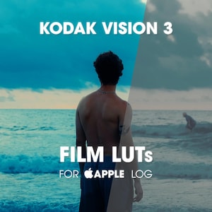 Puede incluir: Una pantalla dividida de una escena de playa con una persona frente al océano. El texto KODAK VISION 3, FILM LUTs y FOR APPLE LOG está superpuesto, mostrando una gradación de color azul vibrante a la izquierda y tonos apagados a la derecha.