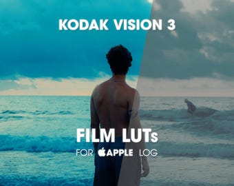 May include: A split-screen comparison of a beach scene featuring a person standing in front of the ocean. The text KODAK VISION 3, FILM LUTs, and FOR APPLE LOG is overlaid on the image, showing a vibrant blue color grade on the left and a muted tone on the right.