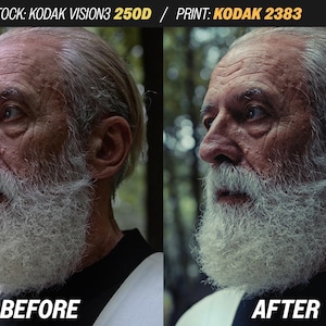 Puede incluir: Comparaci&oacute;n lado a lado del rostro de un hombre, etiquetado como "ANTES" y "DESPU&Eacute;S". El hombre tiene barba blanca y cabello gris. La imagen muestra un proceso de correcci&oacute;n o mejora del color. La parte superior de la imagen dice "STOCK: KODAK VISION3 250D / PRINT: KODAK 2383."