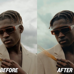 May include: A person wearing brown rectangular sunglasses with white accents and a beige blazer. The image has the text "BEFORE" and "AFTER" in white, indicating a comparison. The person is holding a stalk of wheat.