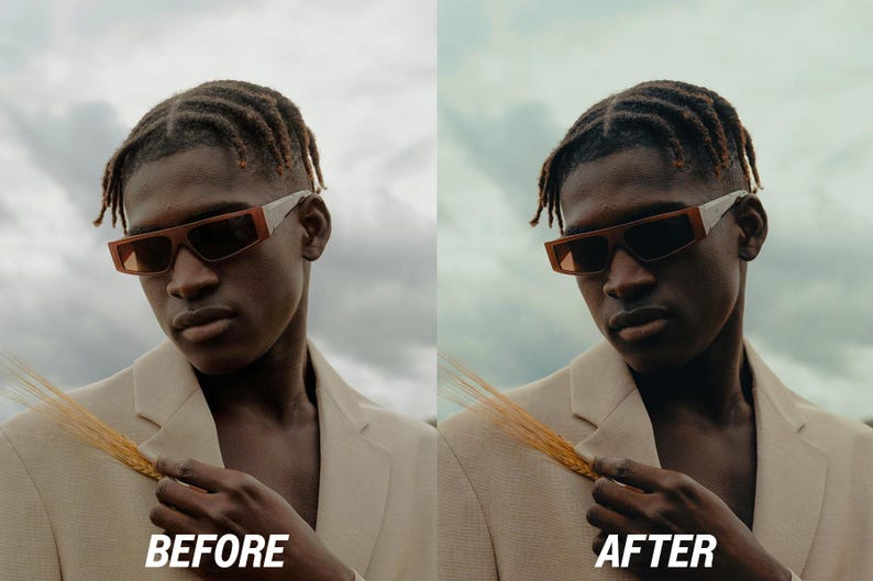 May include: A person wearing brown rectangular sunglasses with white accents and a beige blazer. The image has the text "BEFORE" and "AFTER" in white, indicating a comparison. The person is holding a stalk of wheat.