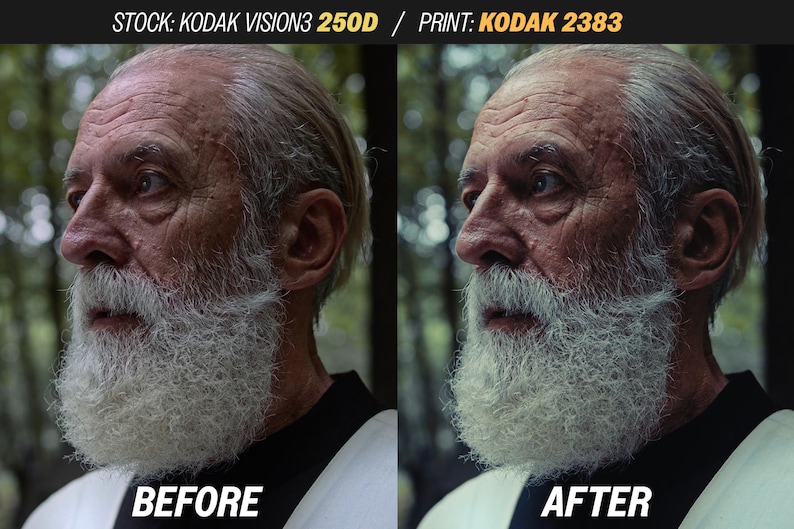 May include: A side-by-side comparison of a man's face, labeled "BEFORE" and "AFTER." The man has a white beard and gray hair. The image is a film stock test, with text at the top indicating the stock and print used.
