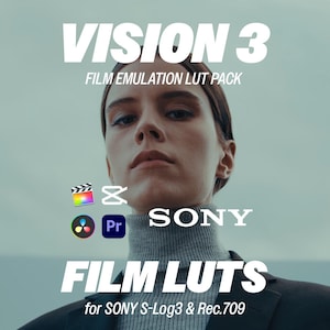 May include: Image promoting "VISION 3 FILM EMULATION LUT PACK" for SONY S-Log3 & Rec.709. The image features a person wearing a gray turtleneck and a dark blazer. The text includes the product name, software logos, and "FILM LUTS".