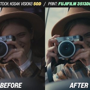 May include: A side-by-side comparison of a photograph before and after editing. The image shows a person holding a silver camera, wearing a hat and a patterned jacket. The text "BEFORE" and "AFTER" are displayed below the images.