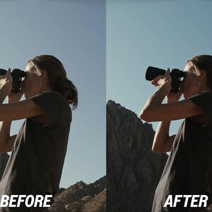 May include: A side-by-side comparison of an image before and after editing. The image shows a person holding a black camera, with the text "BEFORE" and "AFTER" at the bottom. The background features a mountain range and a clear blue sky.