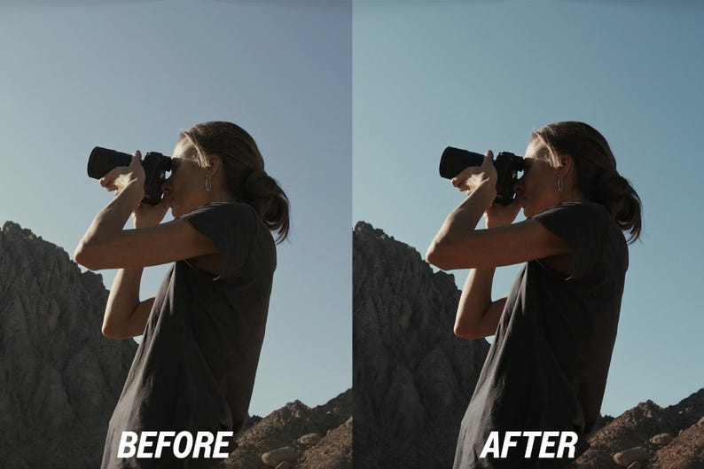 May include: A side-by-side comparison of an image before and after editing. The image shows a person holding a black camera, with the text "BEFORE" and "AFTER" at the bottom. The background features a mountain range and a clear blue sky.