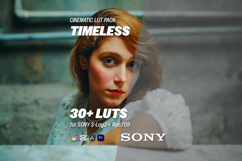 May include: Image promoting a cinematic LUT pack. The text reads "CINEMATIC LUT PACK TIMELESS" and "30+ LUTS for SONY S-Log3 + Rec.709". The image features a woman with red lipstick and a soft focus effect, with the SONY logo at the bottom.