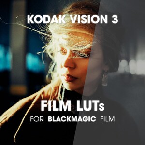 Puede incluir: Una imagen digital dividida en dos tonos de color distintos, con el retrato de una persona con el cabello al viento. El texto KODAK VISION 3, FILM LUTs y FOR BLACKMAGIC FILM está superpuesto en blanco sobre el fondo oscuro y sombrío.