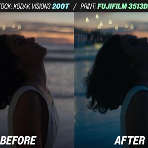 May include: Split image showing a woman looking up at the sky, with a before and after effect. The text at the top reads "STOCK: KODAK VISION3 200T / PRINT: FUJIFILM 3513DI". The "BEFORE" image is brighter than the "AFTER" image.