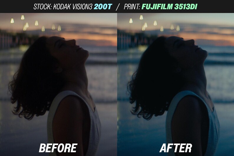 May include: Split image showing a woman looking up at the sky, with a before and after effect. The text at the top reads "STOCK: KODAK VISION3 200T / PRINT: FUJIFILM 3513DI". The "BEFORE" image is brighter than the "AFTER" image.