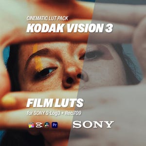 May include: Image featuring the text "CINEMATIC LUT PACK KODAK VISION 3" and "FILM LUTS for SONY S-Log3 + Rec.709". The image has a person's face in the background, with hands framing the face. The Sony logo is also visible.