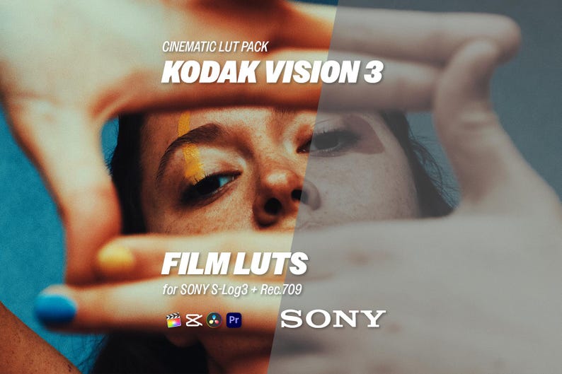 May include: Image featuring the text "CINEMATIC LUT PACK KODAK VISION 3" and "FILM LUTS for SONY S-Log3 + Rec.709". The image has a person's face in the background, with hands framing the face. The Sony logo is also visible.