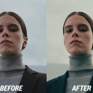 K&ouml;nnte beinhalten: Ein geteiltes Bild, das eine Person mit einem grauen Rollkragenpullover und einem schwarzen Blazer zeigt. Der Text "VORHER" befindet sich auf der linken Seite und "NACHHER" auf der rechten Seite, was einen Vergleich von zwei Bildern darstellt.