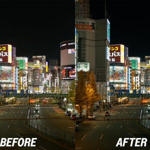 May include: Nighttime cityscape with illuminated buildings and streetlights. The image shows a before and after comparison, with the text "BEFORE" and "AFTER" at the bottom. The buildings have Japanese text on them.