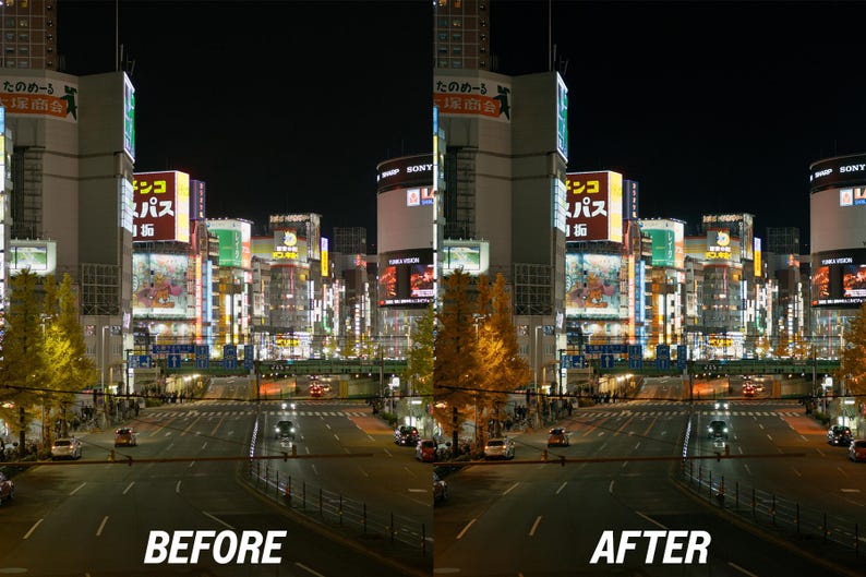 May include: Nighttime cityscape with illuminated buildings and streetlights. The image shows a before and after comparison, with the text "BEFORE" and "AFTER" at the bottom. The buildings have Japanese text on them.