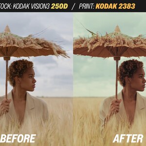 May include: A split image showing a person in a field of wheat, holding a decorative umbrella. The left side is labeled "BEFORE" and the right side is labeled "AFTER". The umbrella has a light brown canopy and a wooden handle.