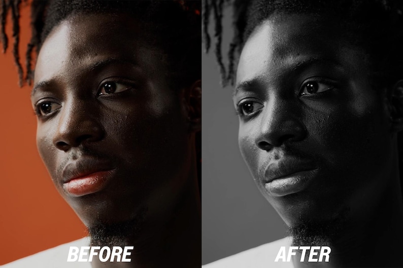 May include: Split image showing a person's face before and after a process. The left side is in color, with an orange background and the text "BEFORE". The right side is in black and white, with the text "AFTER".