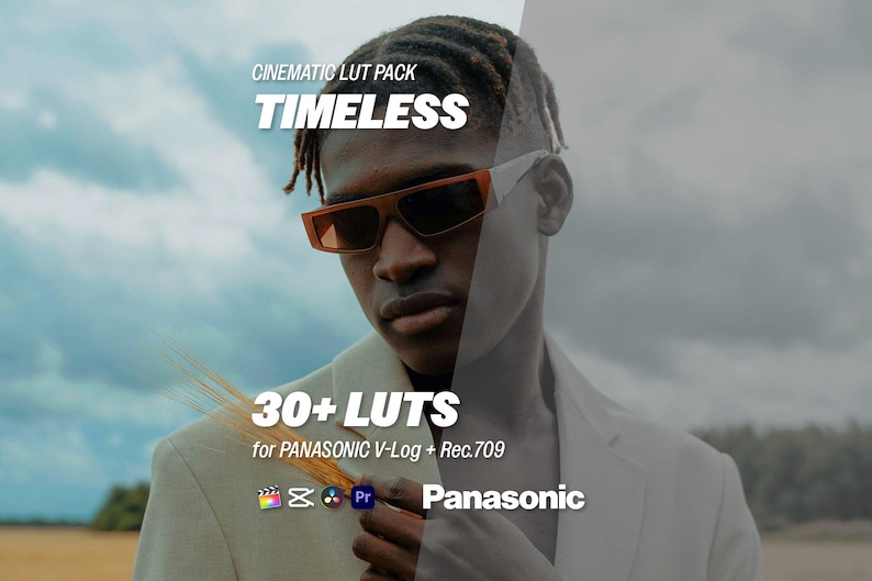 May include: Image features a person wearing sunglasses, with the text "CINEMATIC LUT PACK TIMELESS" at the top. The text "30+ LUTS for PANASONIC V-Log + Rec.709" is also visible, along with the Panasonic logo.