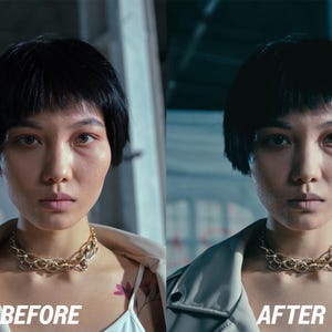 May include: A split image showing a person with short black hair, wearing a gold chain necklace and a light-coloured jacket. The left side is labelled "BEFORE" and the right side is labelled "AFTER". The person has a tattoo on their chest.