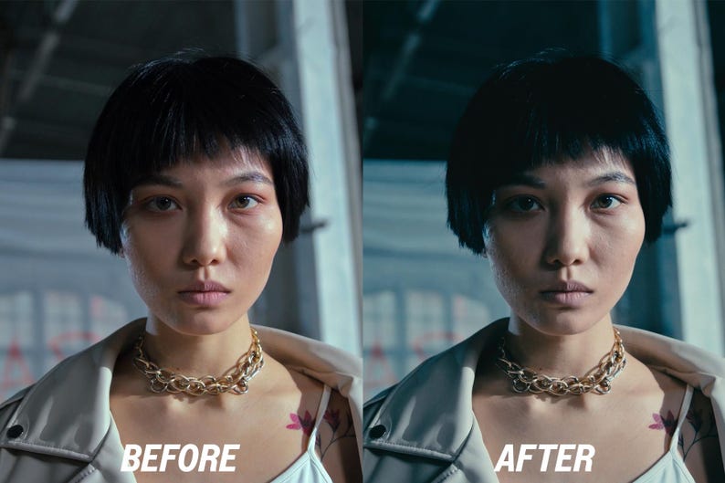May include: A split image showing a person with short black hair, wearing a gold chain necklace and a light-coloured jacket. The left side is labelled "BEFORE" and the right side is labelled "AFTER". The person has a tattoo on their chest.