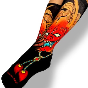 Oni Mask Socks, Japanese Tattoo style demon, Dragon Design for Art Lovers, Unique Socks, Vibrant Fashion Statement