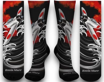 Calcetines con diseño de pájaros de guerra japoneses, avión de combate ZERO de la Segunda Guerra Mundial. Arte de aviones militares históricos con fuego y olas tradicionales, ¡una gran idea para regalar!
