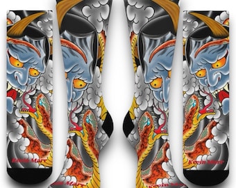 Hannya and Snake Socks, Traditional Japanese Tattoo Art with vibrant snake and oni mask design. Comfortable and Stylish Crew Socks