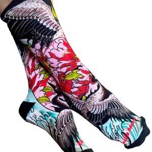 Japanese Tattoo Art Crane & Peony Socks | Unique Colorful Floral Design | Perfect Gift for Tattoo Enthusiasts and Sock Collectors | Stylish