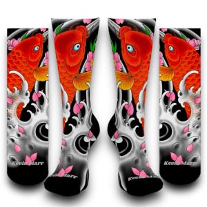 May include: A pair of black socks with a colorful Japanese-inspired design featuring red and orange koi fish swimming through a wave with pink cherry blossoms. The socks have the text "Kevin Marr" on the bottom.
