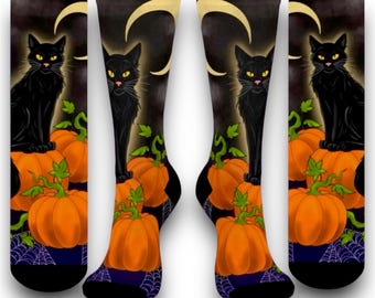 Calcetines de gato negro de Halloween: diseño de luna de calabaza