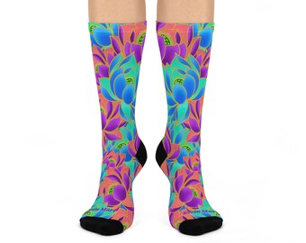 Calcetines con estampado de loto. Estampado floral budista, calcetines altos acolchados inspirados en tatuajes japoneses.
