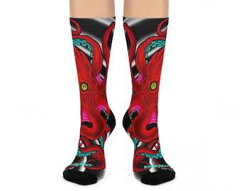 Calcetines de pulpo con tatuaje japonés - Calcetines rojos con estampado acolchado integral - Calcetines Irezumi Art - Regalo único para amantes de los tatuajes