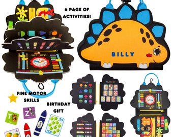 Busy Board Montessori Toddler Birthday Gift Preschool Activities  Fine Motor Skills Travel Toy Sensory Toy Quiet Book Personalization Dino