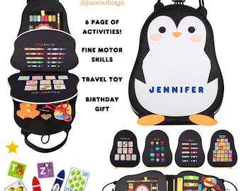 Busy board Montessori Toddler Birthday Gift Preschool Activities  Fine Motor Skills Travel Toy Sensory Toy Quiet Book Personalized Penguin