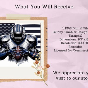 May include: A digital design featuring a football player wearing a blue and white jersey with a football in his hands. The design is set against a background of an American flag. The design is for a 20 ounce skinny tumbler and is 9.3 inches by 8.2 inches. The design is 300 DPI and resizable. The design is licensed for commercial use.