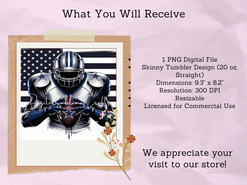 May include: A digital design featuring a football player wearing a blue and white jersey with a football in his hands. The design is set against a background of an American flag. The design is for a 20 ounce skinny tumbler and is 9.3 inches by 8.2 inches. The design is 300 DPI and resizable. The design is licensed for commercial use.