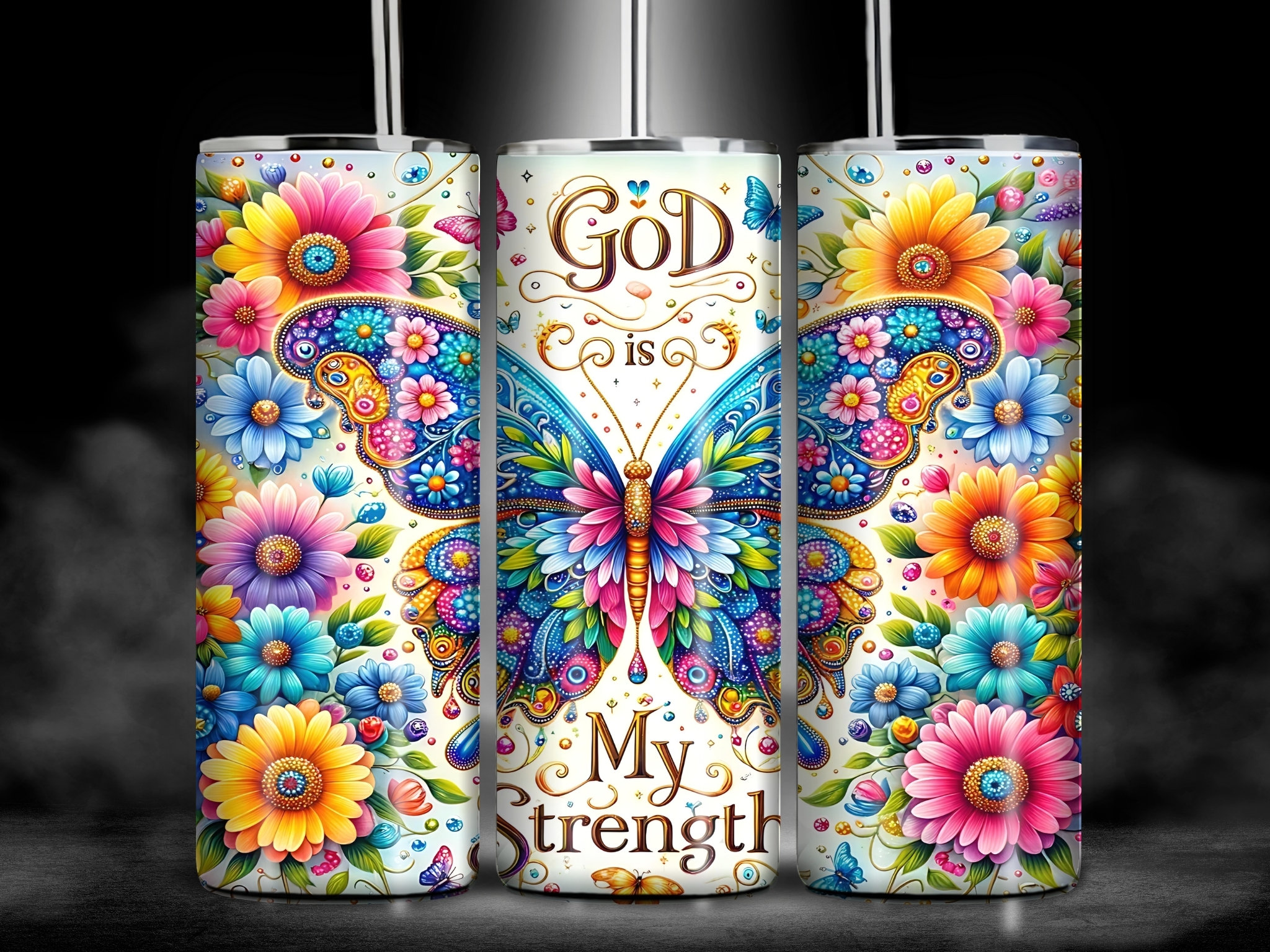 God Is My Strength Butterfly Floral 20 oz Skinny Tumbler Wrap PNG, Inspirational Christian Tumbler Sublimation, Faith-Based Digital Download