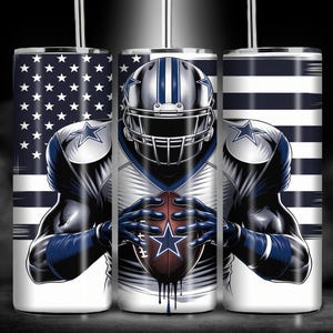 May include: A white tumbler with a design of an American football player wearing a blue and white jersey with a star on the chest. The player is holding a football and is standing in front of an American flag background.